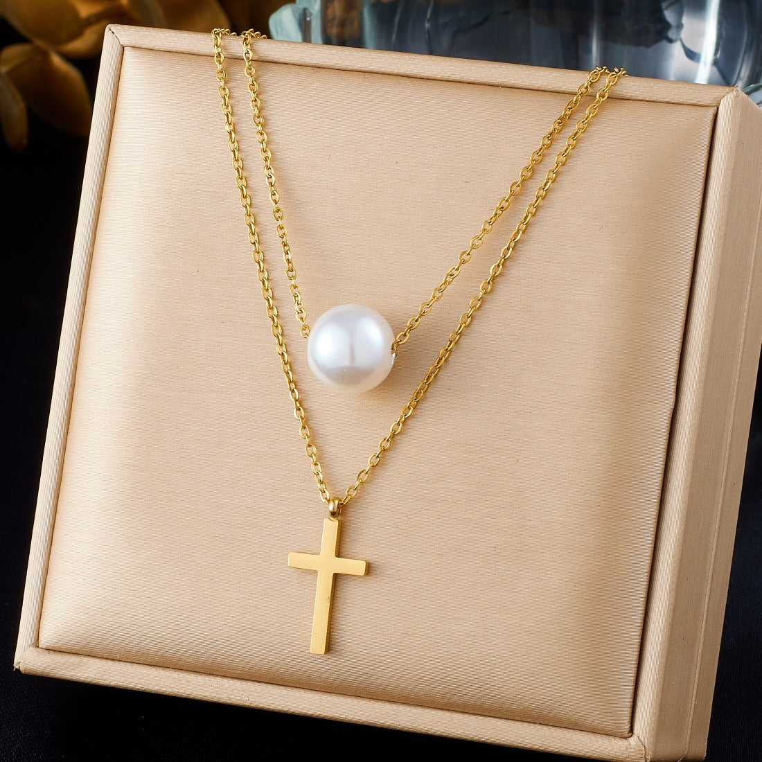 Gold Plated Stainless Steel Cross Pearl Pendant Necklace Double Layer Fine Chain for Women