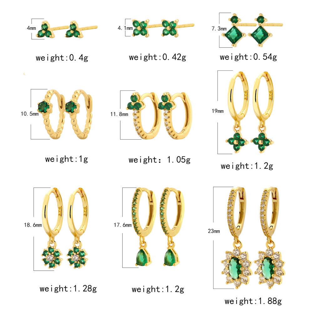 Elegantes Pendientes de Plata de Ley 925 con Forma de Trébol, Esmalte Verde Esmeralda y Detalles de Pedrería para Mujer