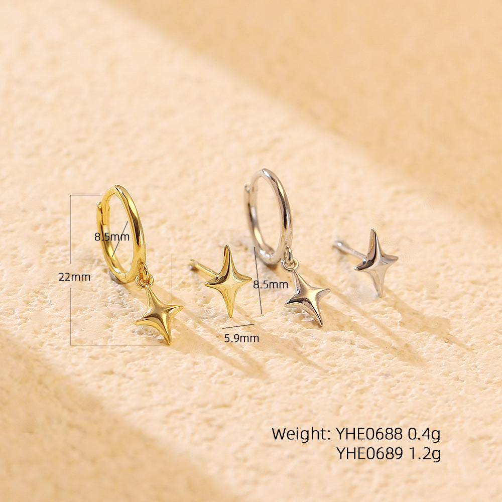 Minimalist Polished Four-Point Star 925 Sterling Silver Stud Earrings