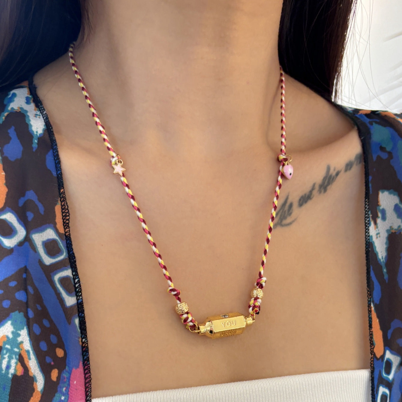 Vintage Geometric Pepper Evil Eye Pendant Necklace in Plated Copper with Adjustable Cotton Cord