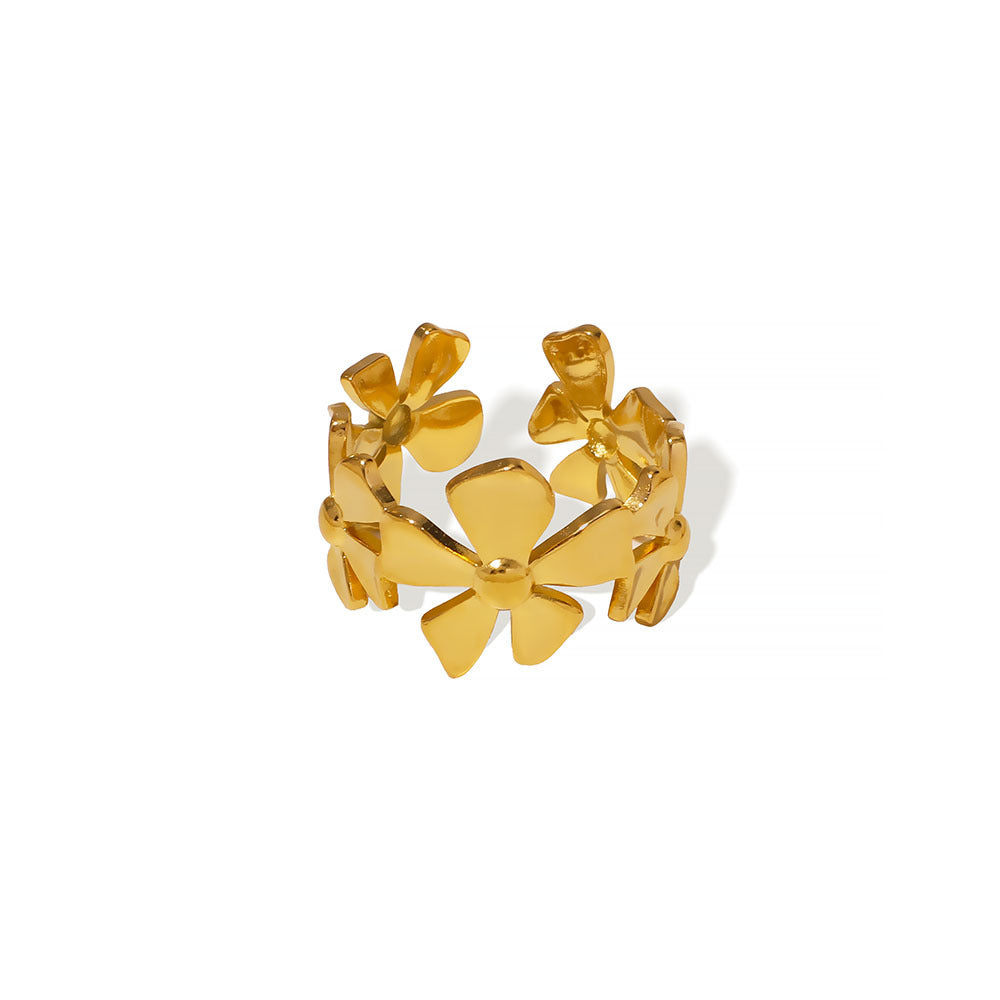 Anello regolabile in acciaio inossidabile lucido con motivo floreale minimalista e design ovale geometrico, per donna e uomo
