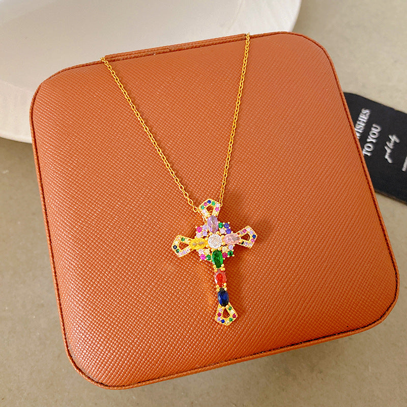 Sporty Sweet 18K Gold Plated Cross Titanium Steel Necklace with Cubic Zirconia for Women