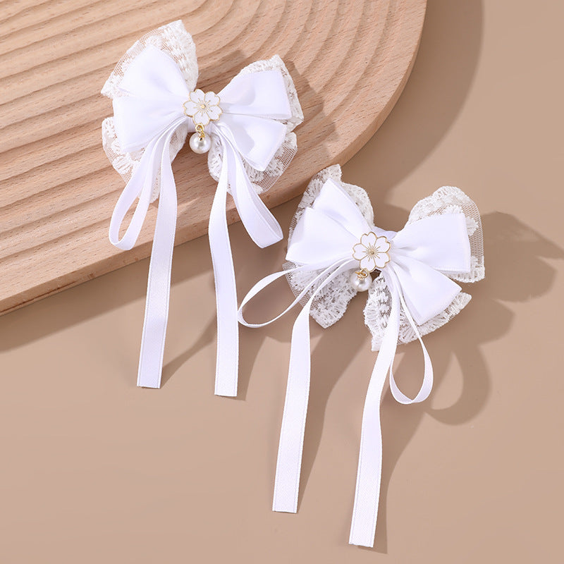 Natural Style Bow-Shaped Hair Clip for Girls with Ruffled and Mesh Details Made of Polyester Fabric