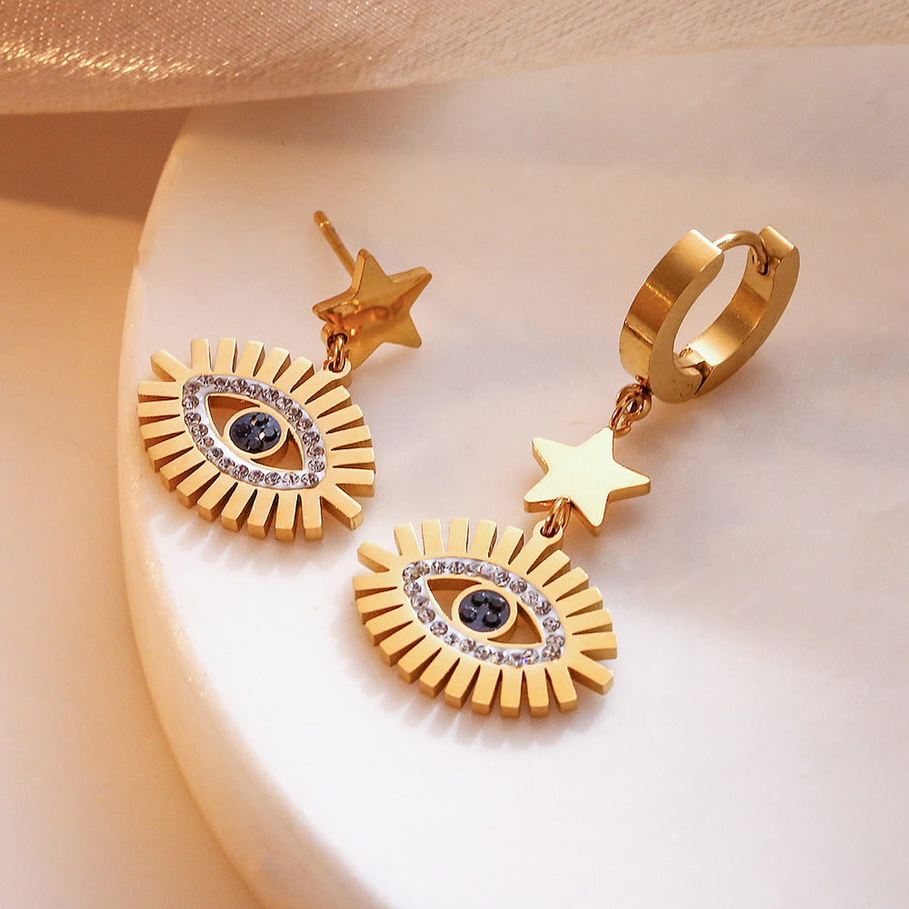 Vintage Geometric Titanium Steel Plated Evil Eye Star Pendant Earrings for Women
