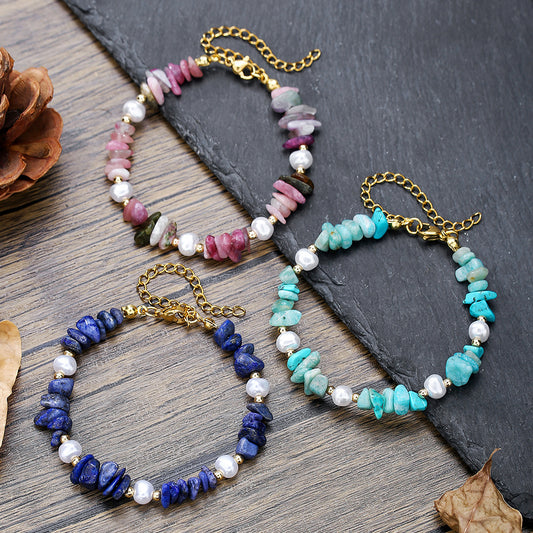 Geometric Style Lapis Lazuli and Freshwater Pearl Bracelet in Stainless Steel for Women and Men