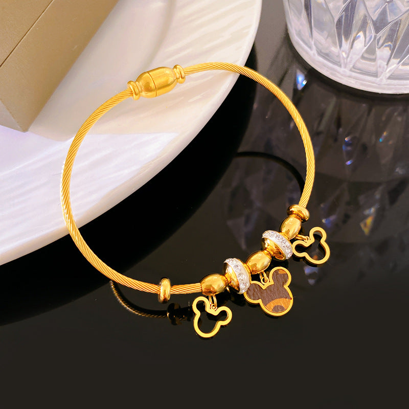 Minimalist Luxury Hollow Mickey Cartoon Leather Titanium Steel Bracelet Gold Plated