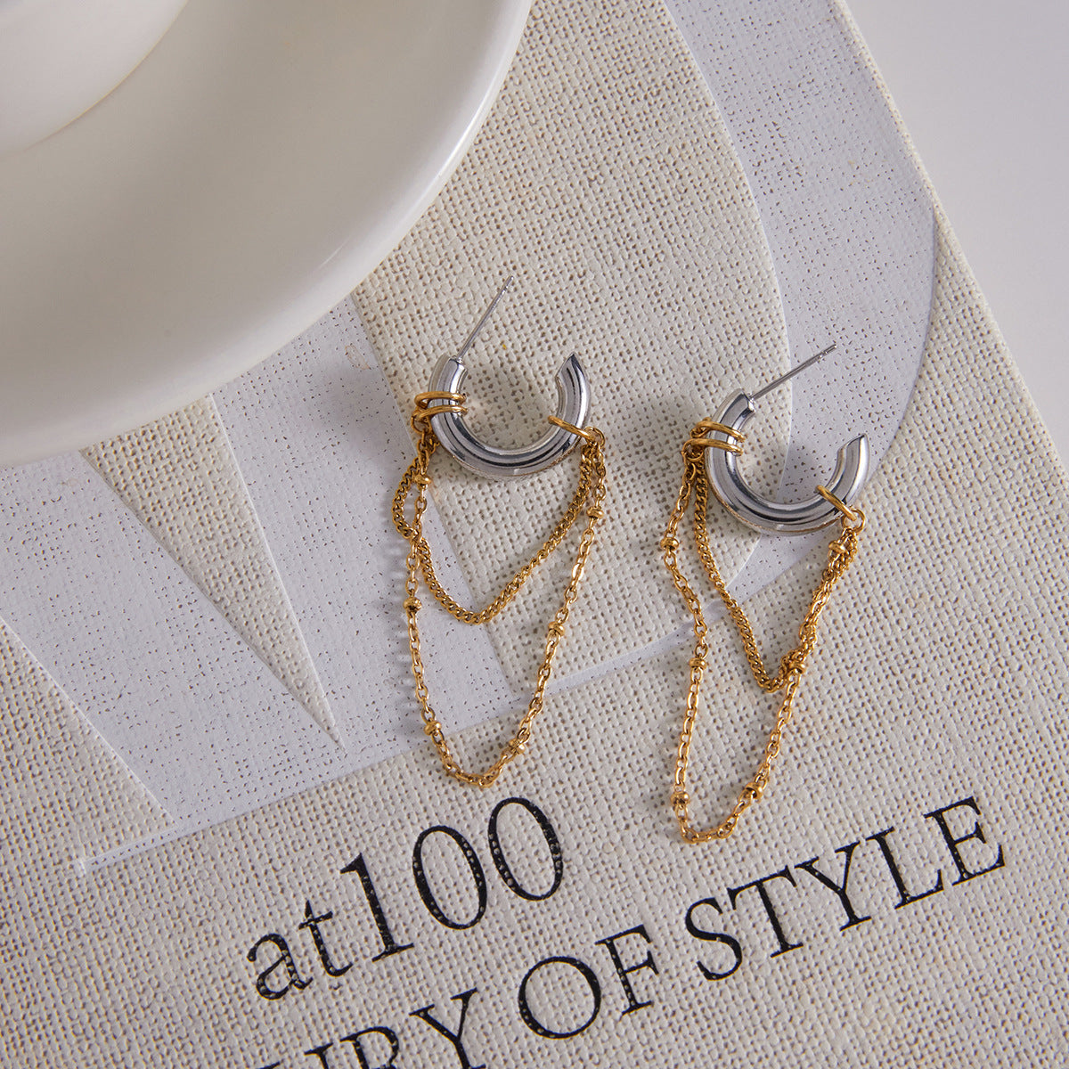 Elegant Two-Tone Geometric C-Hoop Earrings with Tassel Plated Stainless Steel for Women
