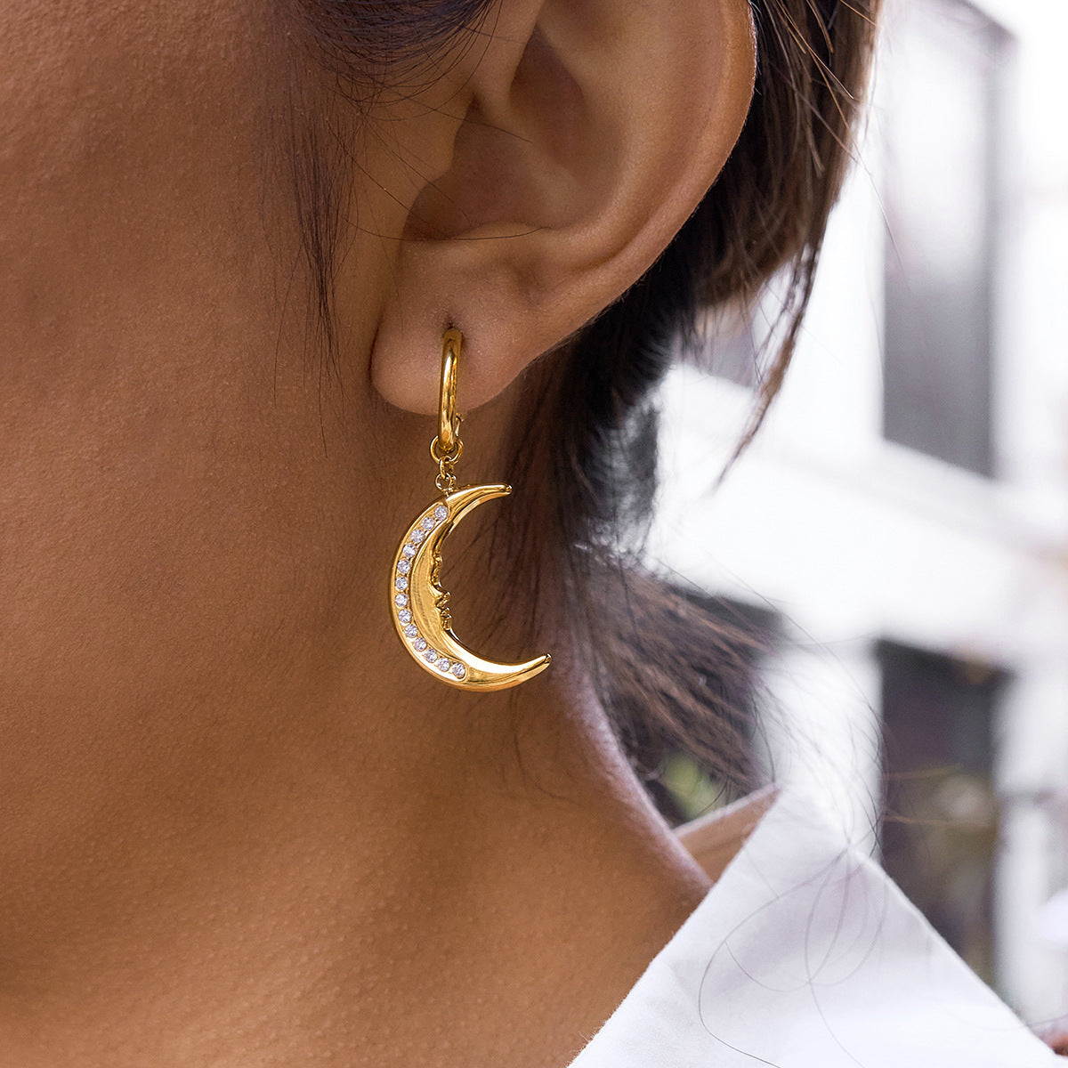Elegant Geometric Moon Stainless Steel Plated Hoop Earrings for Women