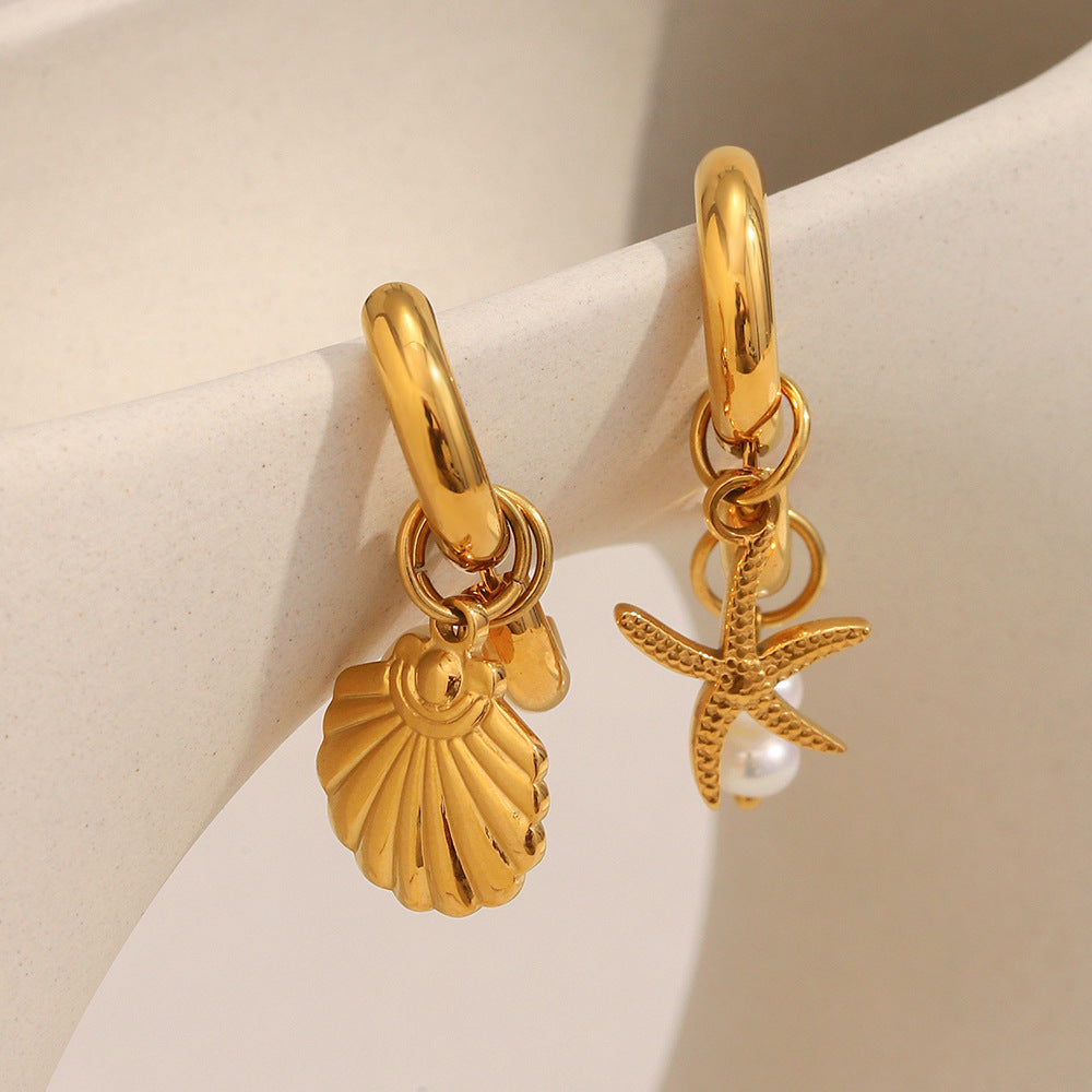 Minimalist Starfish Pendant Earrings for Women Stainless Steel with 18K Gold Plating and Pearl Accents