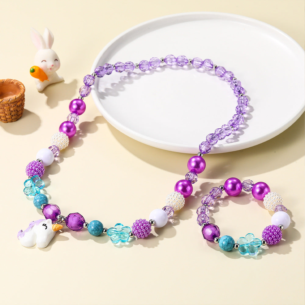 Set di collane colorate per bambini alla dopamina con braccialetto di perline rosa, ciondolo unicorno arcobaleno e gioielli per bambini a forma di animale in acrilico
