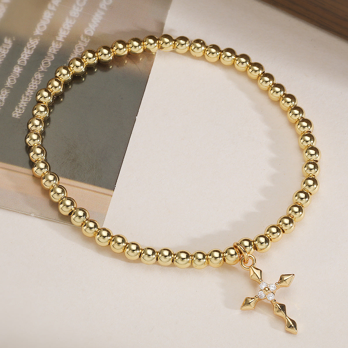 Minimalist 18K Gold Plated Brass Cross Pendant Ball Chain Bracelet with Cubic Zirconia for Women