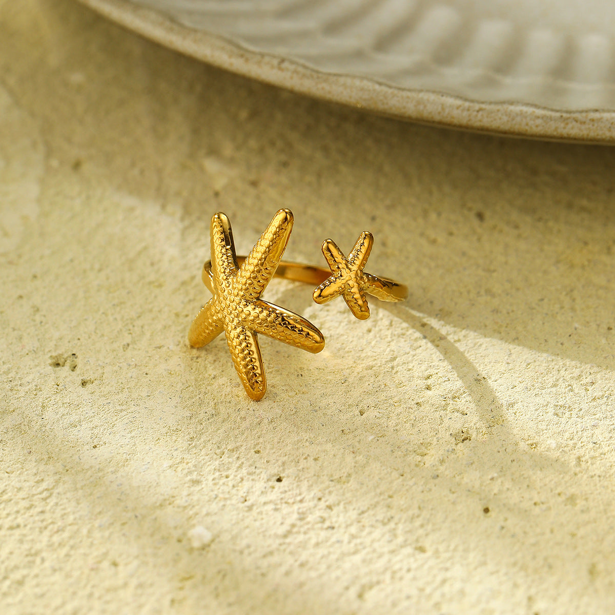Anillo de Acero Inoxidable con Forma de Estrella de Mar de Moda con Acabado Chapado para Mujer, Tema Marino de Vacaciones en la Playa, Banda Ajustable