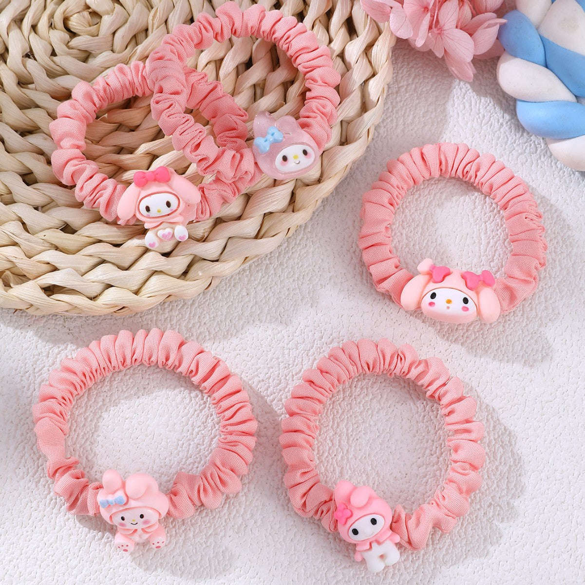 Cute Sanrio-Inspired Hair Tie for Girls with Cartoon Design, Knitted Fabric, Pastel Macaron Color, Sweet Kawaii Style Hair Accessory
