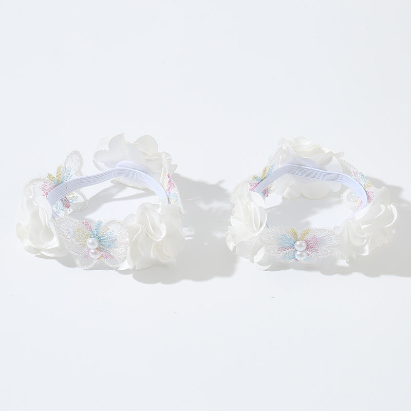 Elastico per Capelli a Fiocco "Sweet Style" in Tessuto con Ricamo Floreale Bianco 3D e Dettagli Perlati per Bambini
