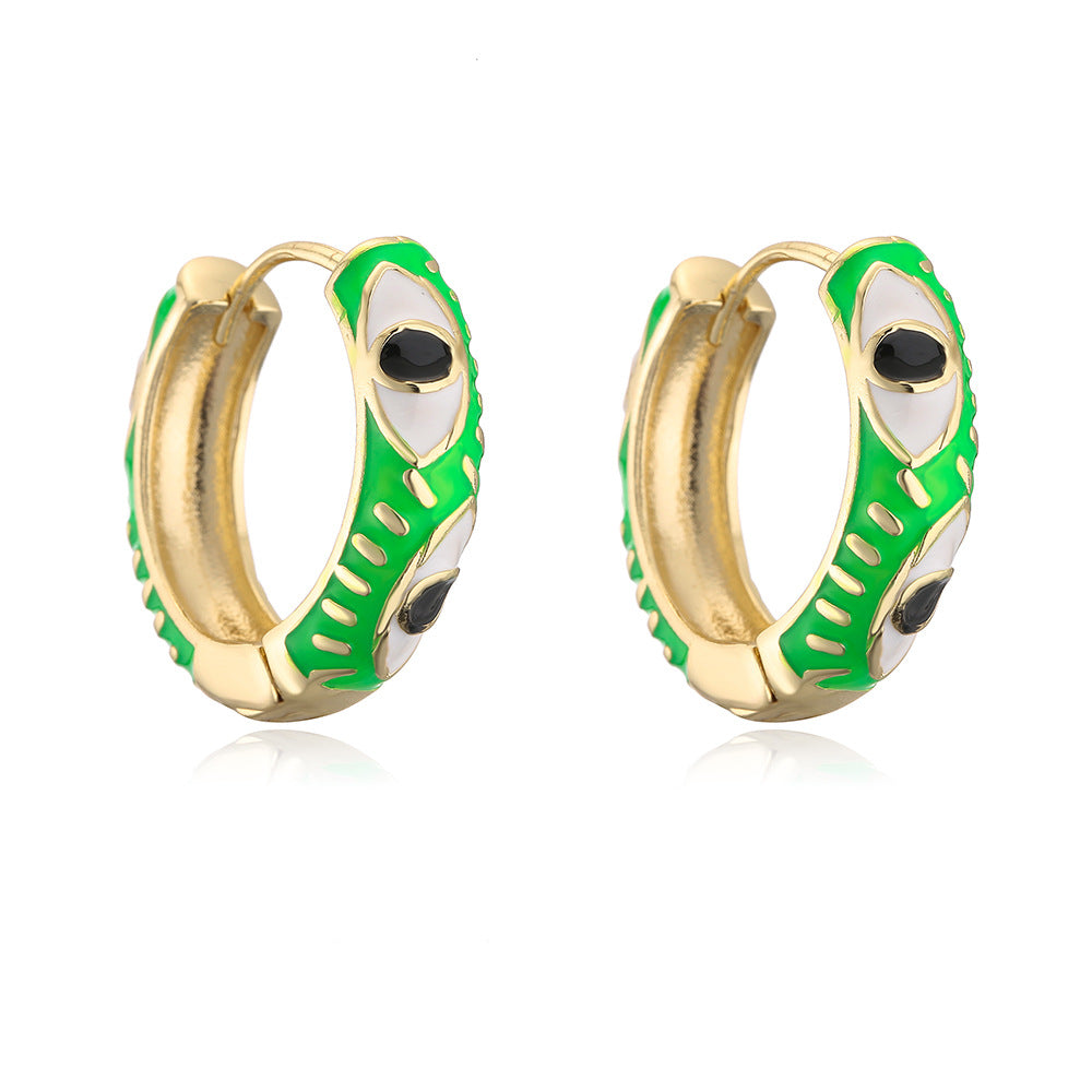 Bohemian Style Geometric Copper Hoop Earrings with 18K Gold Plating and Enamel Eye Detail for Women