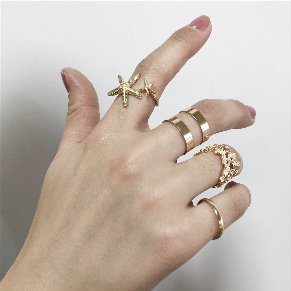 Minimalist Sweet Geometric Flower Starfish Alloy Plated Ring Set