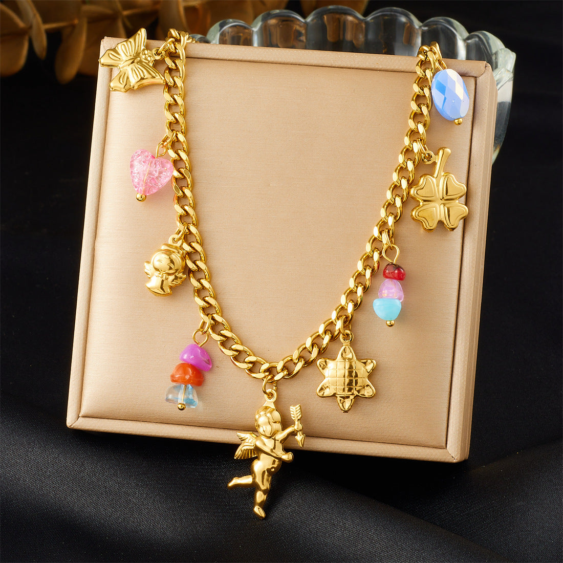 Cute Cartoon Gold Plated Stainless Steel Butterfly Flower Angel Pendant Jewelry Set for Women