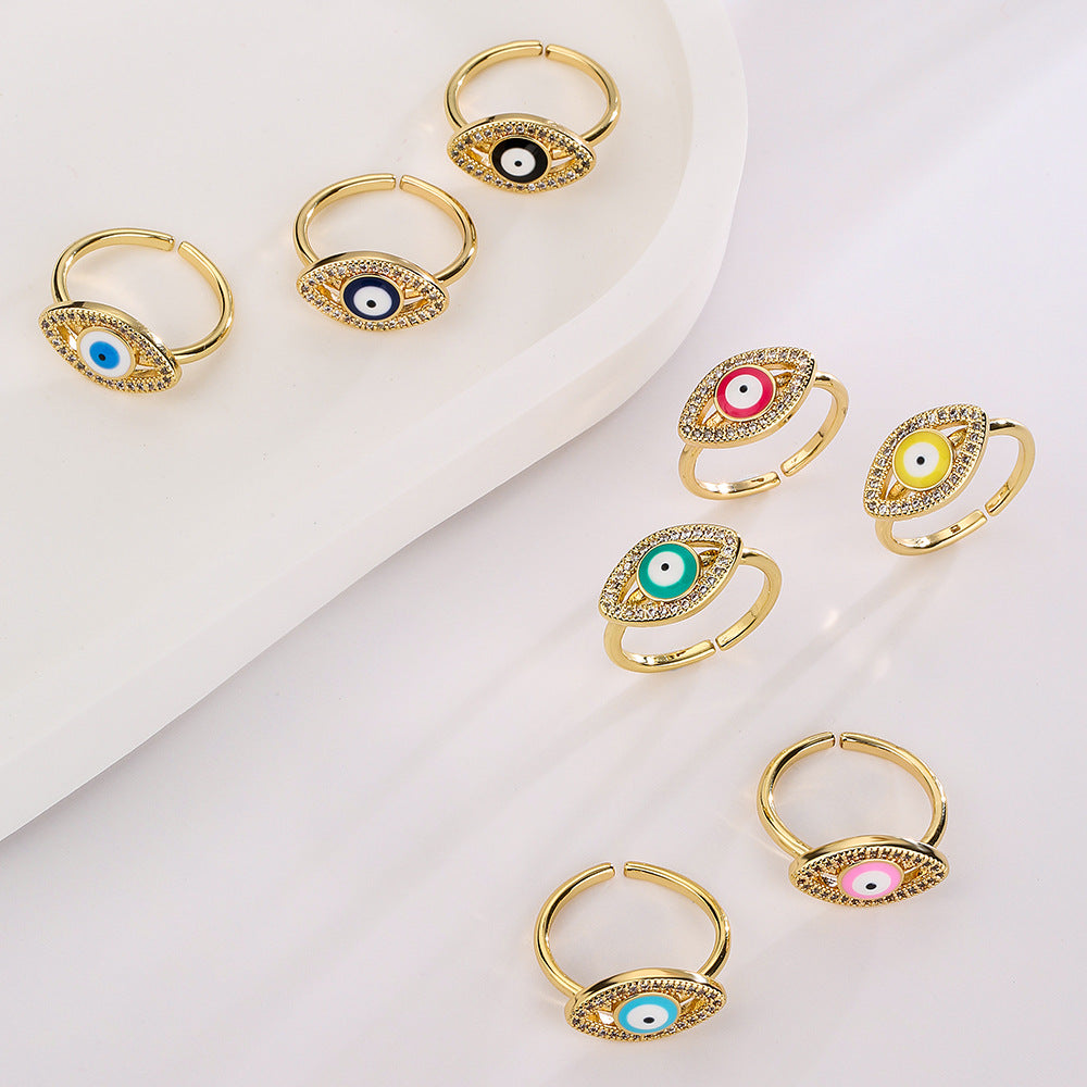Fashion Geometric Open Ring for Women with Enamel Finish and Zircon Inlay in Copper Plated with Real Gold