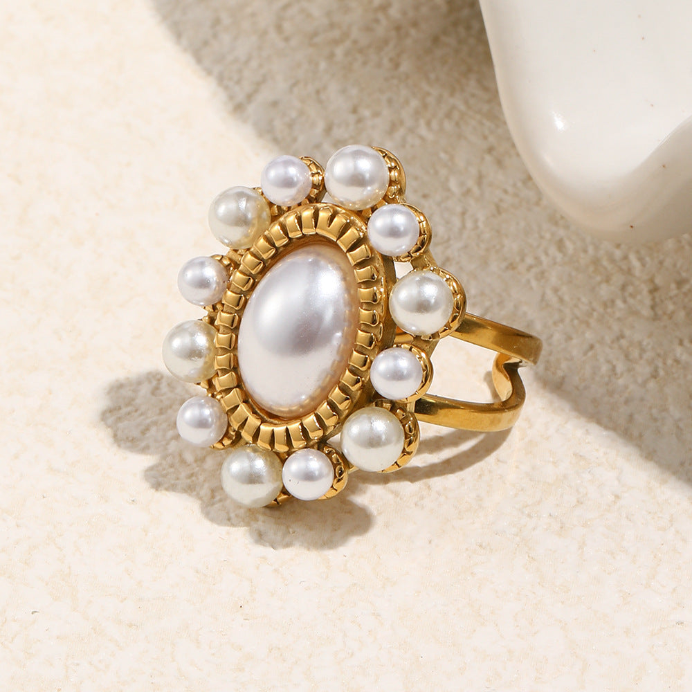 Anillo Abierto Minimalista de Lujo en Acero Inoxidable con Baño de Oro de 18K con Forma de Oliva y Diseño Lineal para Mujer