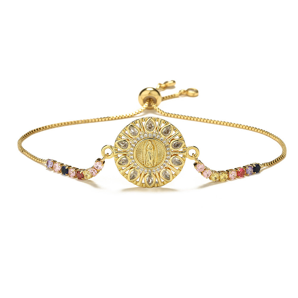 Bracciale geometrico vintage in rame da donna con zirconi micro-incastonati e ciondolo della Vergine Maria