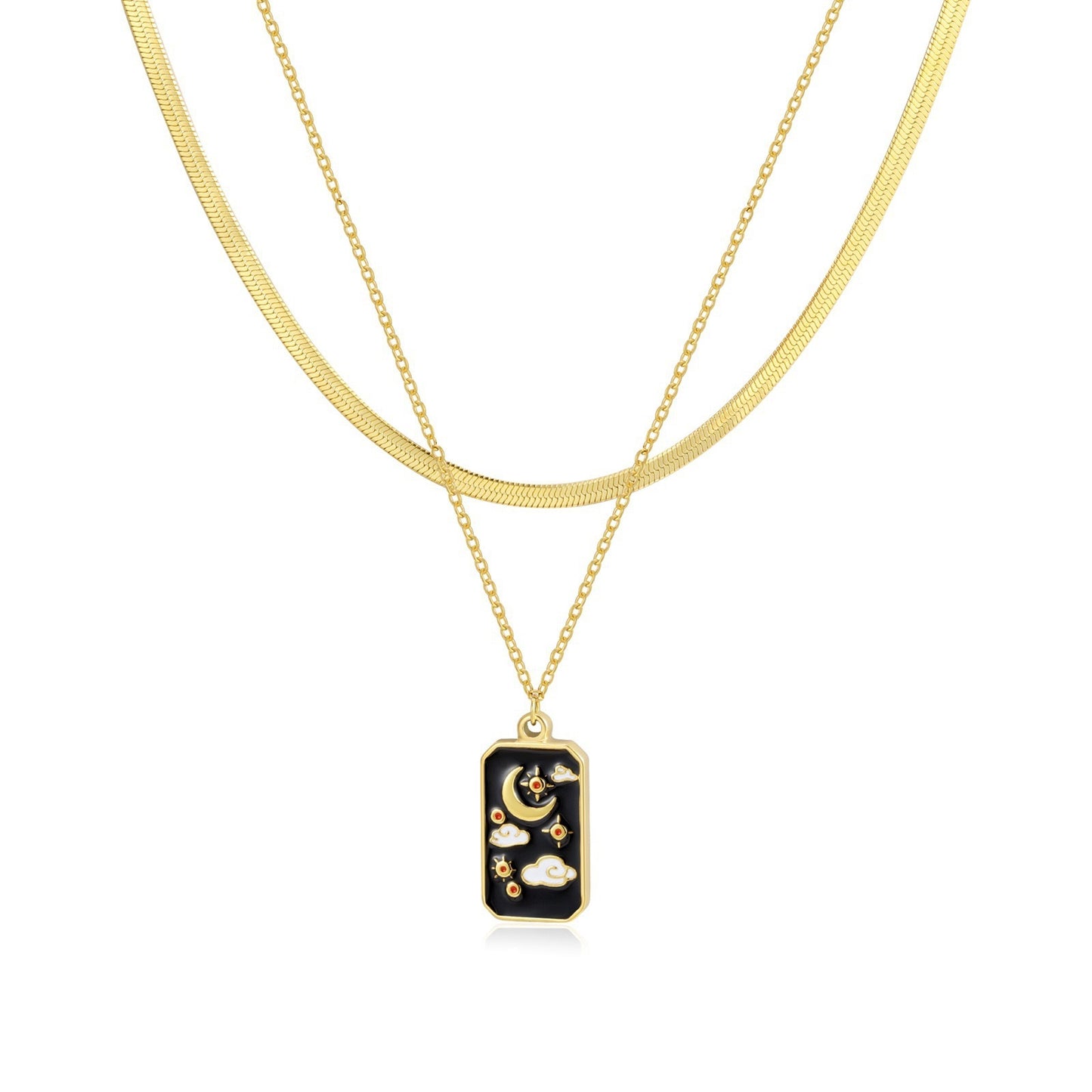 Collana Pendente Tarocchi Vintage a Doppio Strato in Acciaio Inossidabile con Design Divinità Solare Floreale a Ottagramma Sole e Luna su Catena Serpentina