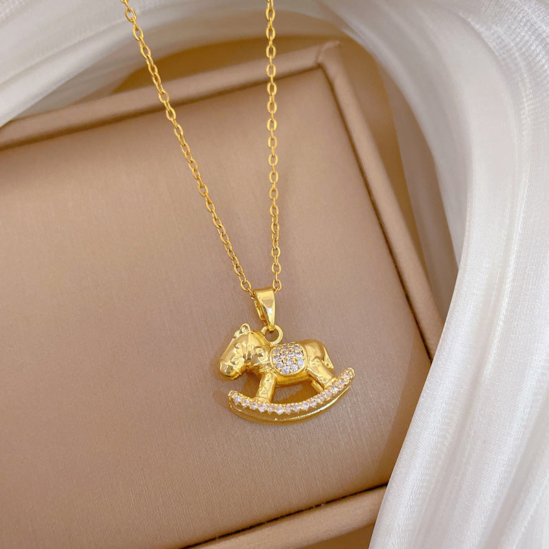 Sweet Geometric Moon Rhinestone Plated Titanium Steel Necklace with Brass Pendant Cable Chain Unisex