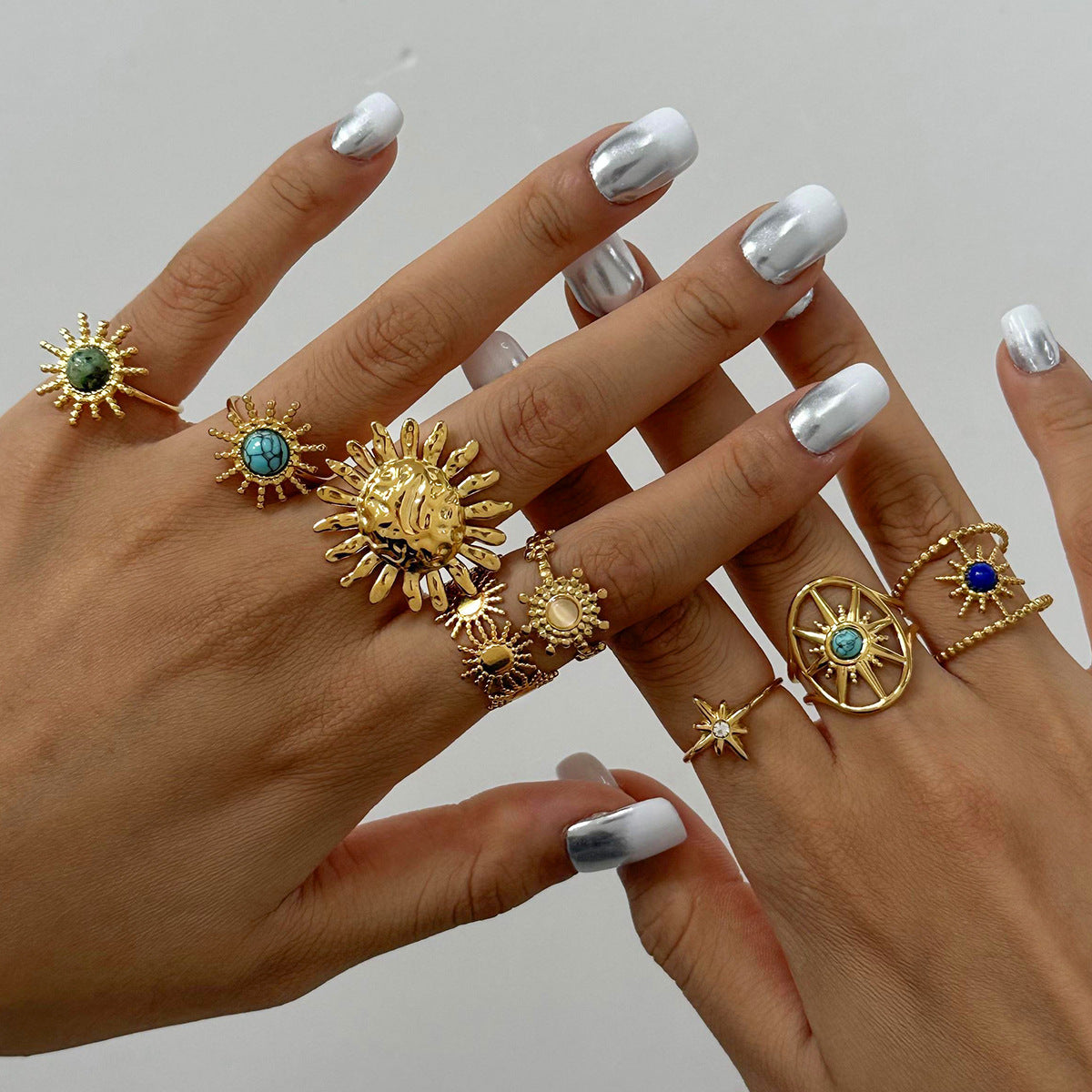 Elegant Geometric Star Stainless Steel Plated Turquoise Open Ring for Women