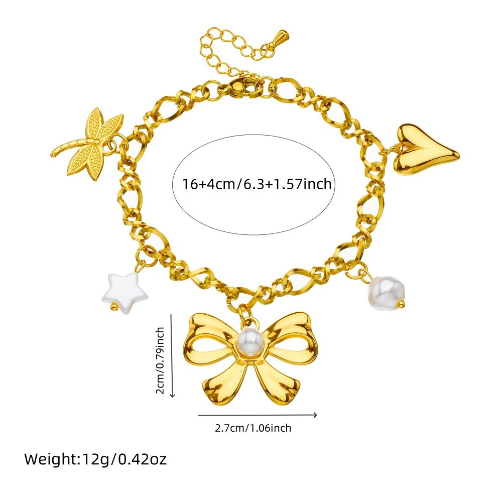 Elegant Gold Plated Stainless Steel Bow Heart Dragonfly Star Pearl Pendant Bracelet for Women