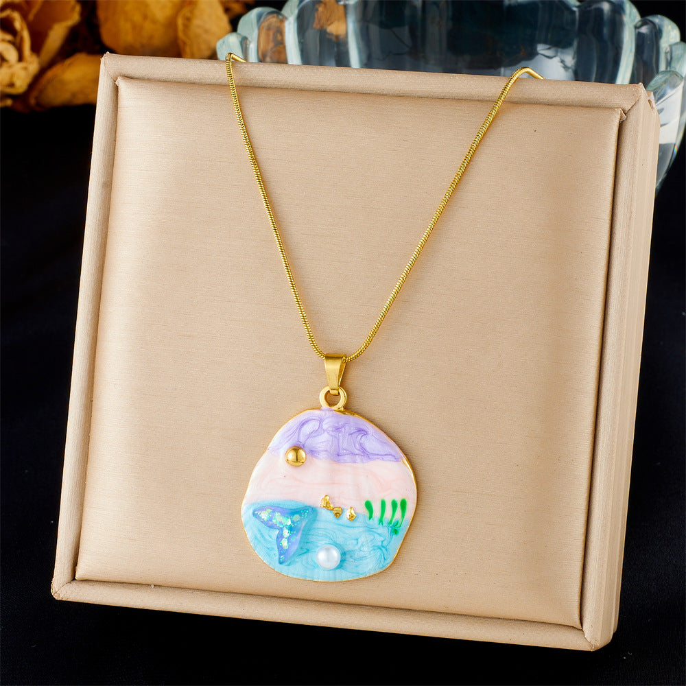 Stainless Steel Plated Star and Shell Pendant Necklace with Cable Chain for Women