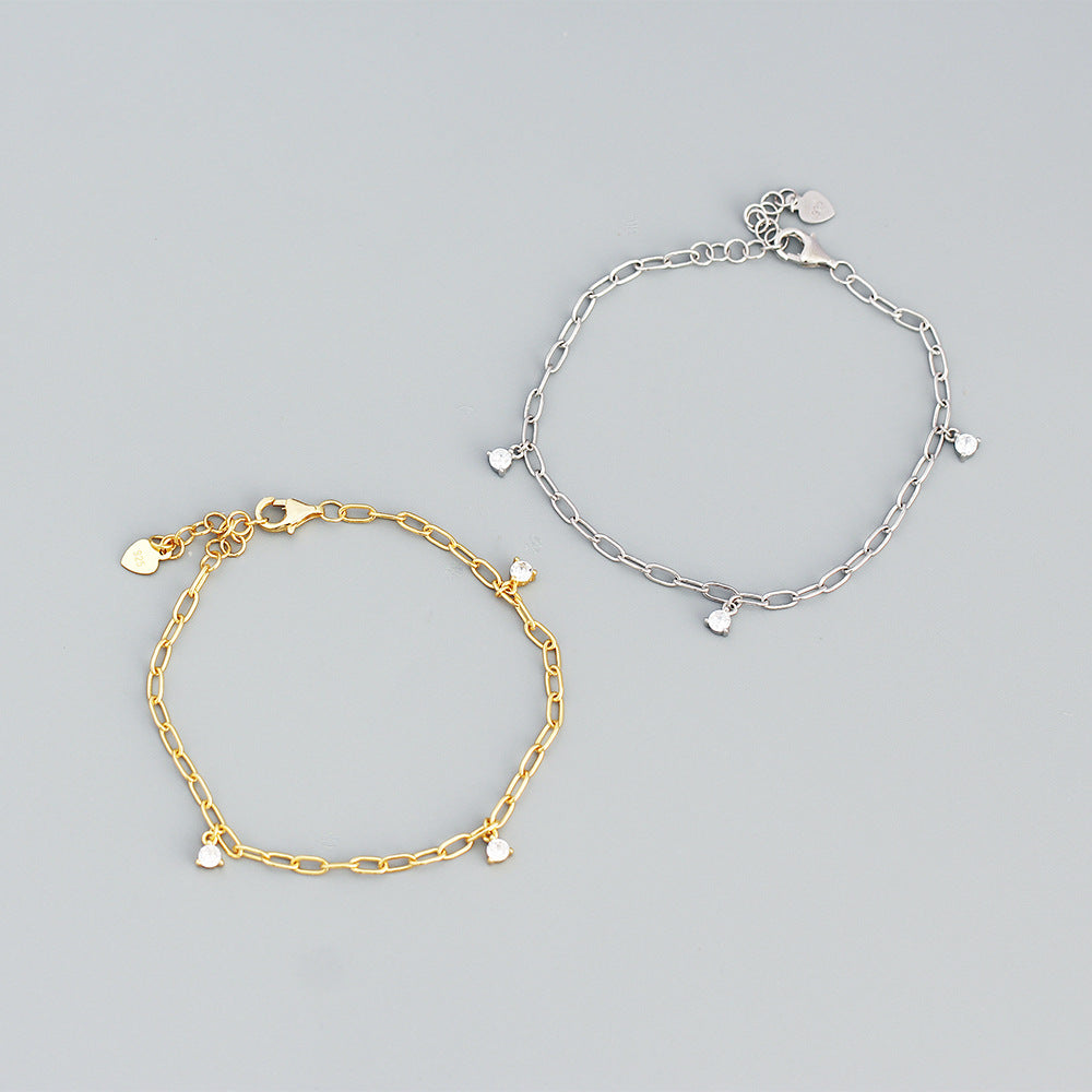 Sweet Minimalist 925 Sterling Silver Geometric Plated Bracelet with Diamond Inlay for Women