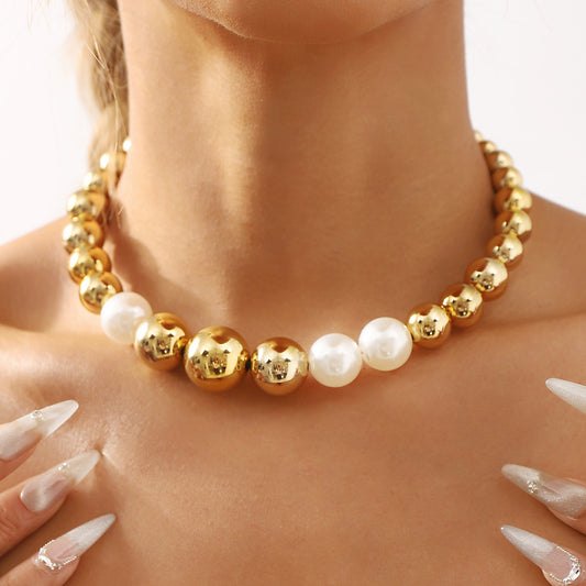 Punk Geometric Choker Necklace with Imitation Pearls and CCB Base for Women