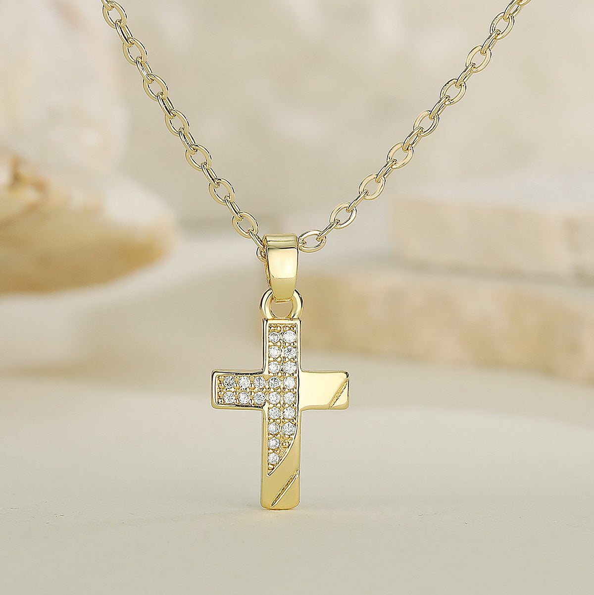 Minimalist 18K Gold Plated Brass Cross Pendant Necklace with Cubic Zirconia for Women