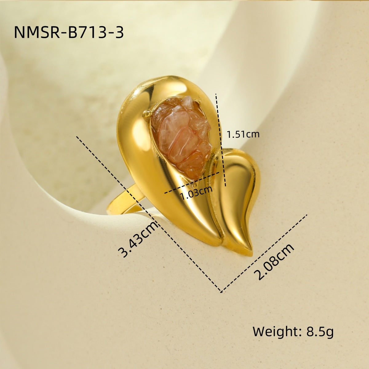 Vintage Oversized Stainless Steel Double-Layer Water-Drop Shaped Ring with Natural Stone Inlay and Plated Finish for Women