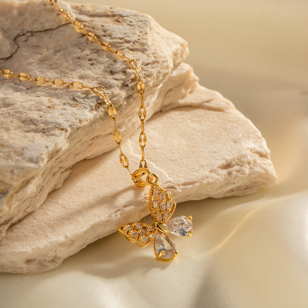18K Gold Plated Stainless Steel Butterfly Pendant Necklace with White Zircon Geometric Design for Women
