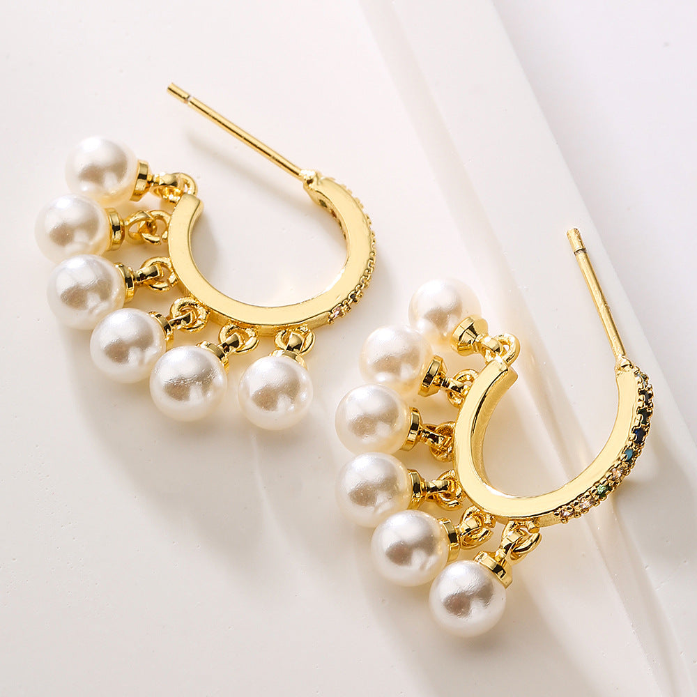 Geometric Copper Earrings with 18K Gold Plating, Zircon Inlay, and Pearl Accents — Minimalist Luxury Fashion Ear Jewelry