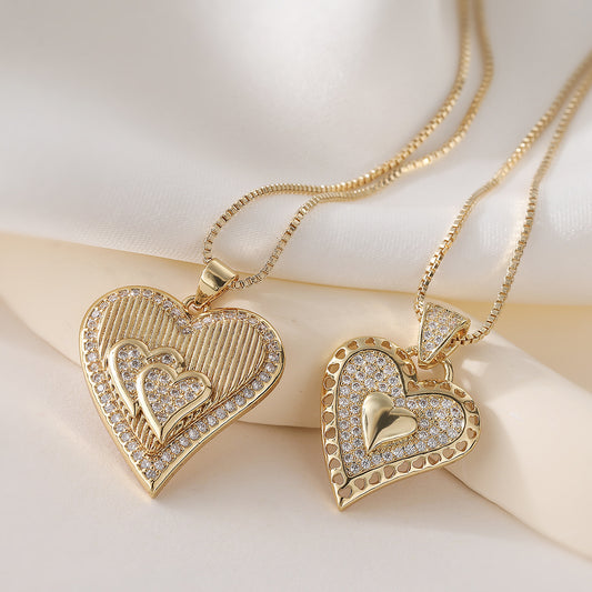 Vintage Minimalist 18K Gold Plated Brass Heart Cubic Zirconia Pendant Necklace for Women