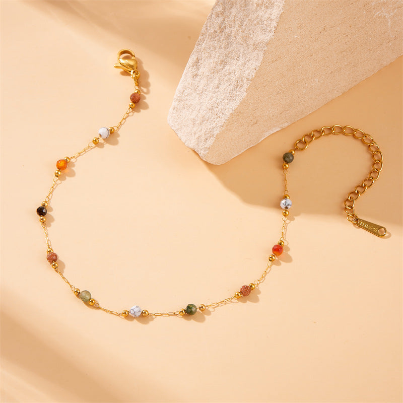 Set bracciale, collana e cavigliera in catena a maglie, con perline di pietra, in acciaio inossidabile placcato, stile Bohemian