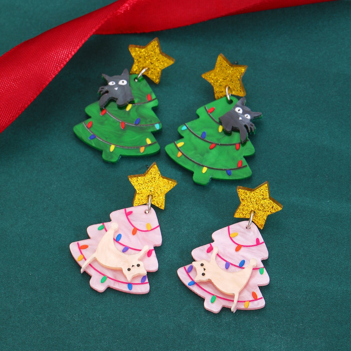 Orecchini a perno da donna creativi a forma di albero di Natale e stella, in acrilico, con perni in oro 14K e stampa fiocco di neve