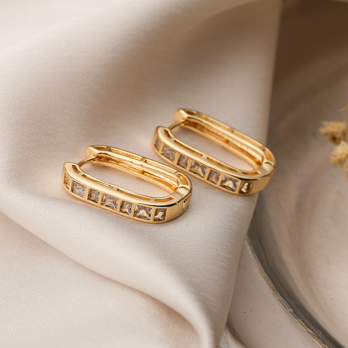 Minimalist Geometric Copper Earrings with Real Gold Plating and Micro-Paved Zirconia for Women