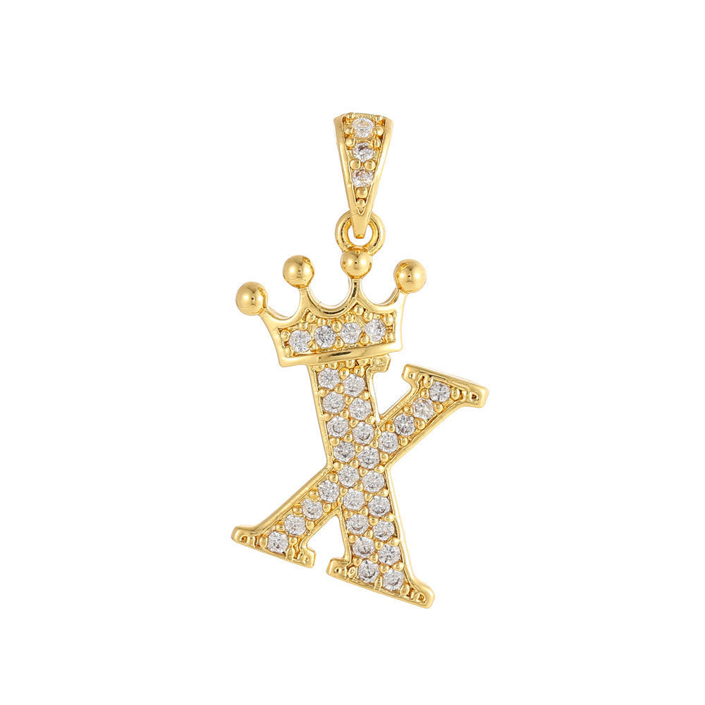 Gold Plated Brass Crown Letter Charm Bar with Cubic Zirconia for DIY Necklace Bracelet
