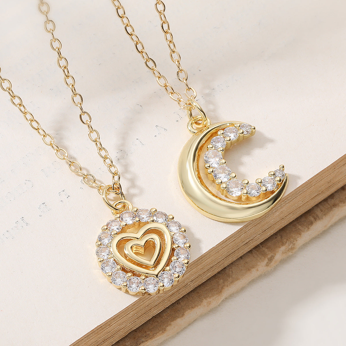 Minimalist Elegant Gold Plated Brass Heart Moon Geometric Pendant Necklace with Cubic Zirconia for Women