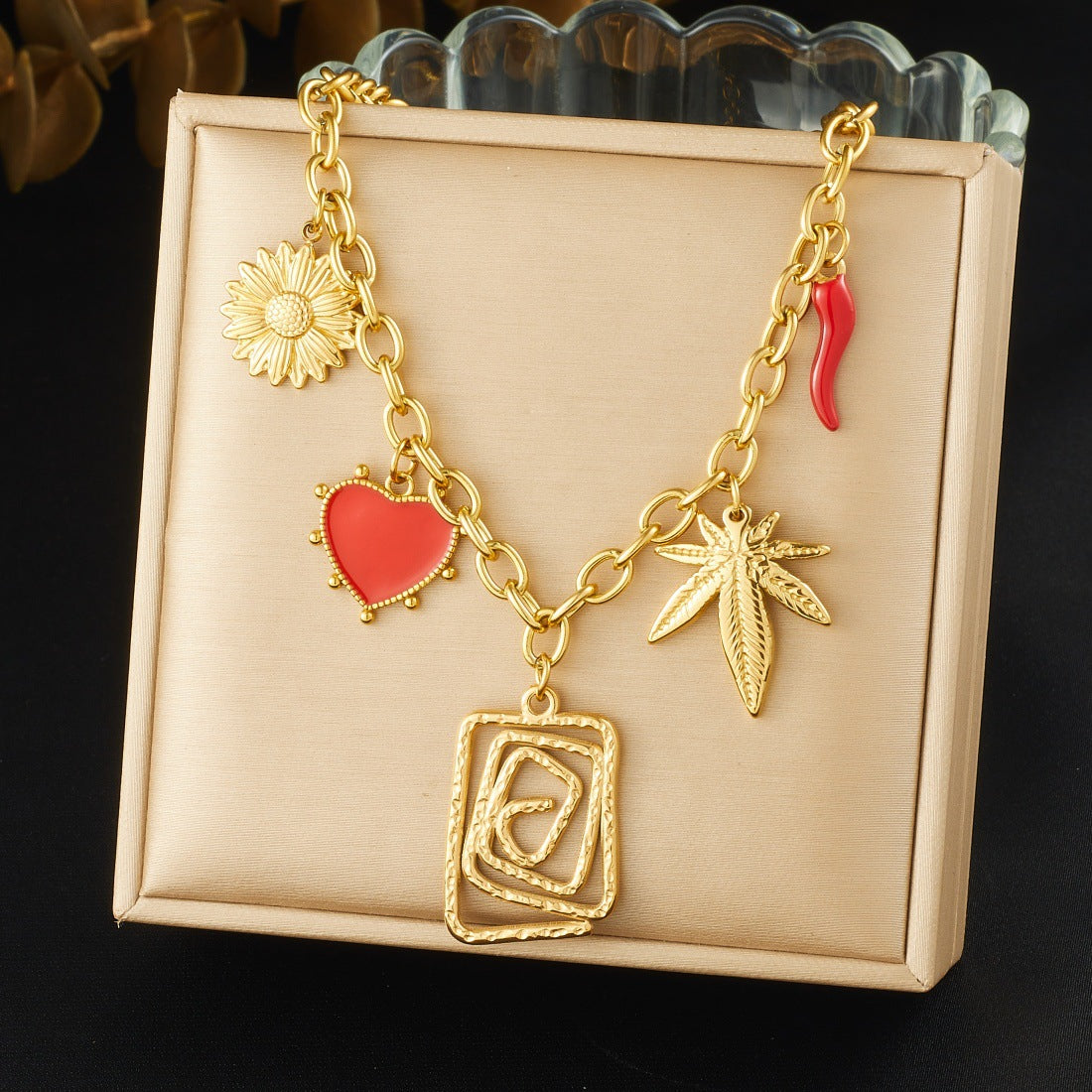 Vintage Gold Plated Geometric Square Leaf Heart Drip Oil Stainless Steel Pendant Necklace for Women