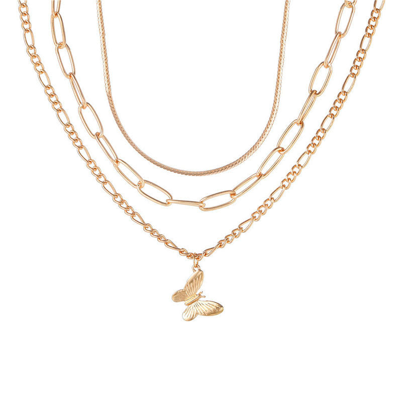 Gold Plated Alloy Butterfly Pendant Necklace with Cable Chain for Women