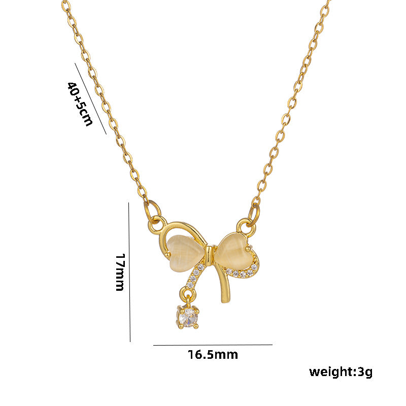 Collana con Pendente Minimalista a Fiocco per Donna con Pietra Occhio di Gatto e Intarsio di Strass in Acciaio al Titanio su Catena a Maglie