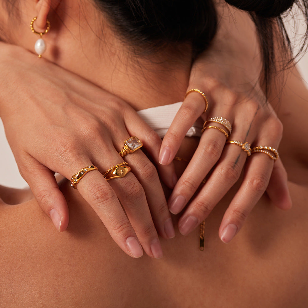 INS Style Geometric Titanium Steel Ring with 18K Gold Plating and Zircon Inlay for Women