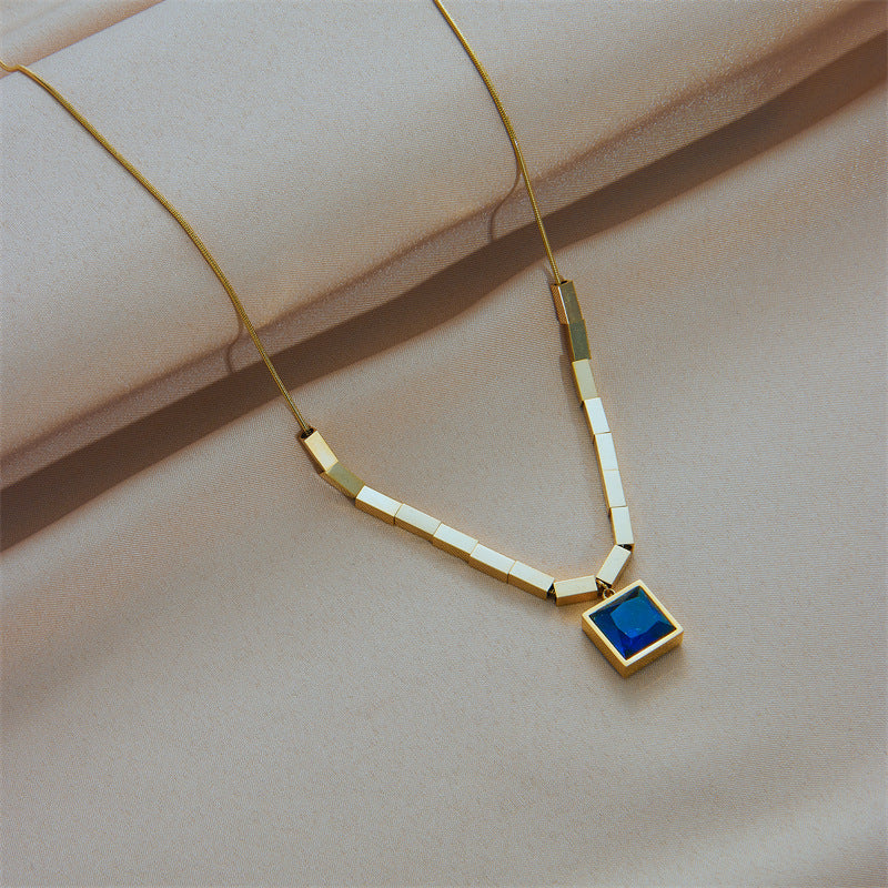 Vintage Minimalist Square Titanium Steel Necklace with Blue Rhinestone Inlay and Plated Finish