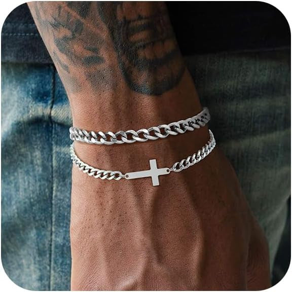 Streetwear Hip-hop Stainless Steel Cuban Link Chain Cross Geometric Bracelet Set for Unisex