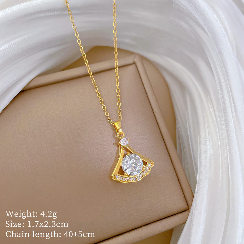 Cartoon Style Skirt-Shaped Pendant Necklace for Women and Men in Titanium Steel with Full Rhinestone Inlay and Delicate Locket Chain