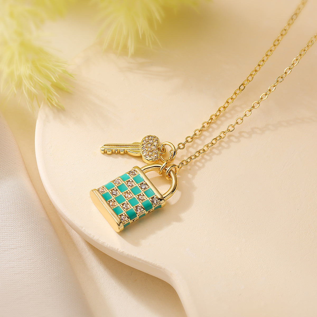 Minimalist Geometric Chessboard Pattern Enamel Key Lock Pendant Necklace for Women in Brass with 18K Gold Plating and Zircon