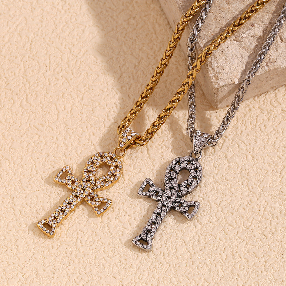 Collana con ciondolo a croce geometrica in stile retrò Hip-Hop da uomo, base in acciaio inossidabile con placcatura in oro 18 carati e intarsio completo di strass